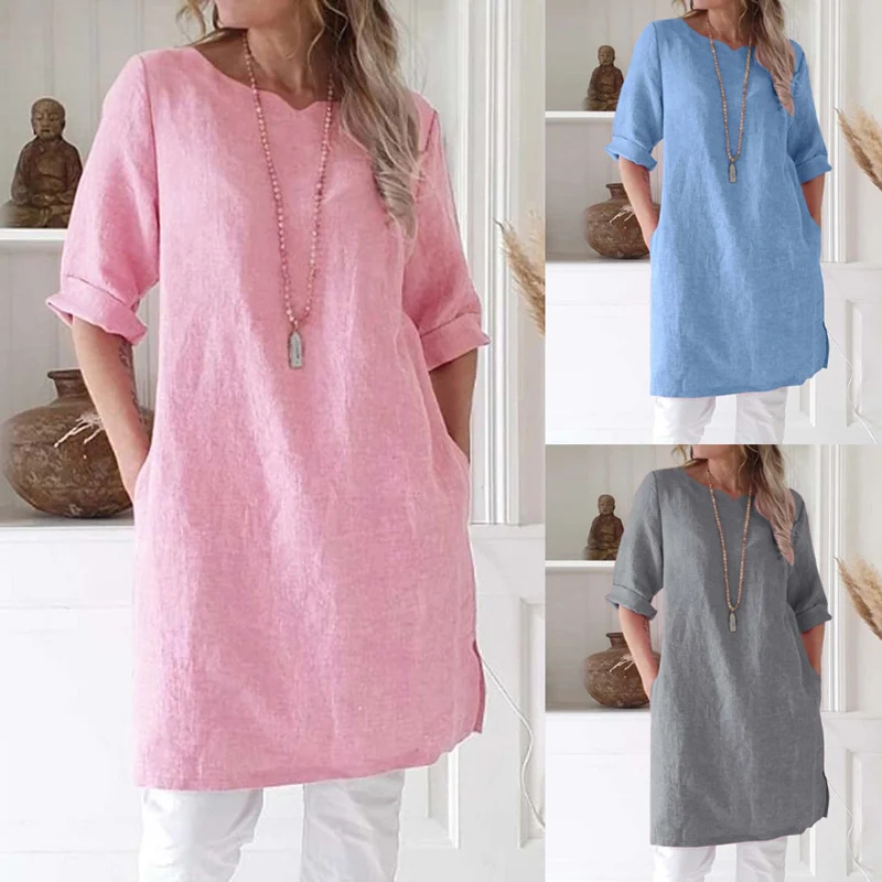 

autumn dress fashion middle-long cotton linen dress short sleeve round neck formal dress women elegant loose soild A-line dress