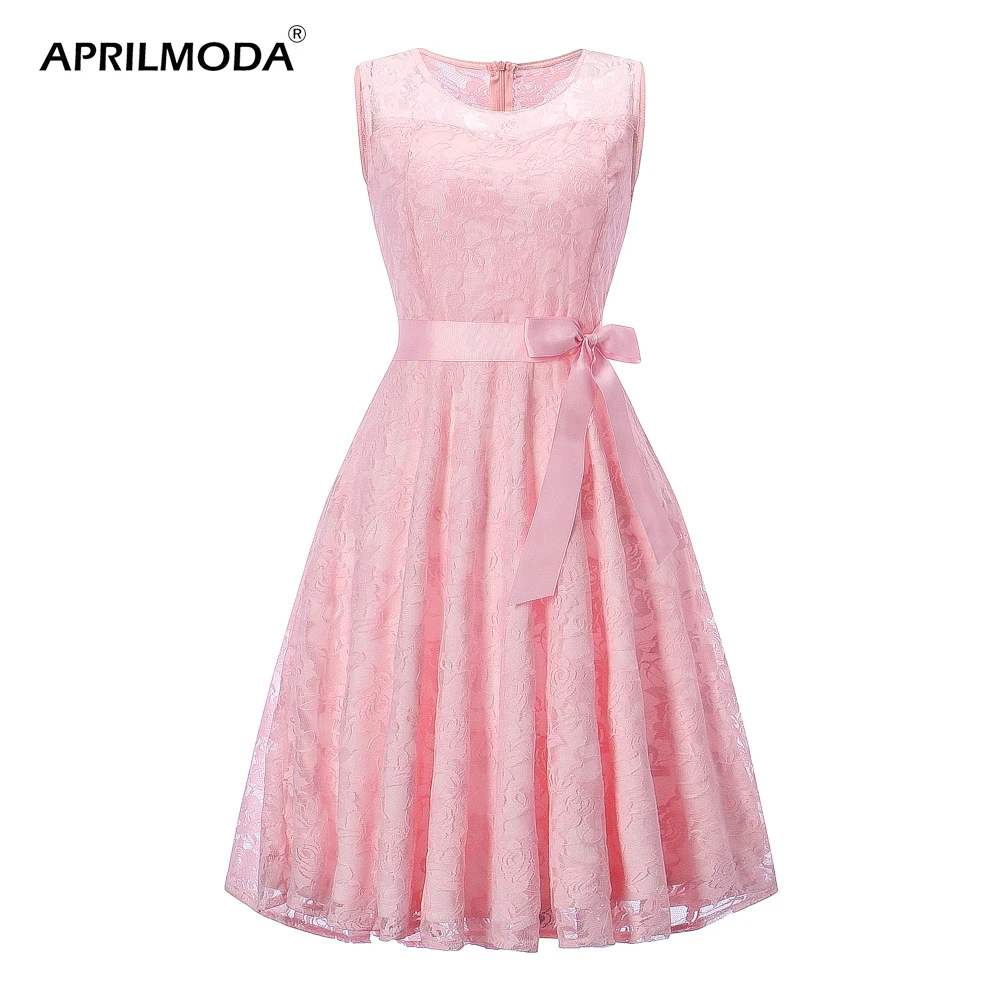 Summer Women Lace Dress Party Gowns Sleeveless Floral Vintage Lace Midi Runway Vestidos With Bow Big Swing Rocabilly Retro Dress