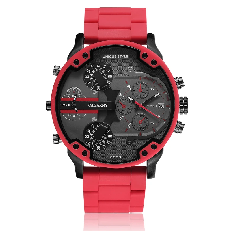 top luxury brand cagarny analog quartz watch for men two time zones auto date cool big case military watches red silicone band sports men's wristwatches dz dz7370 (5)