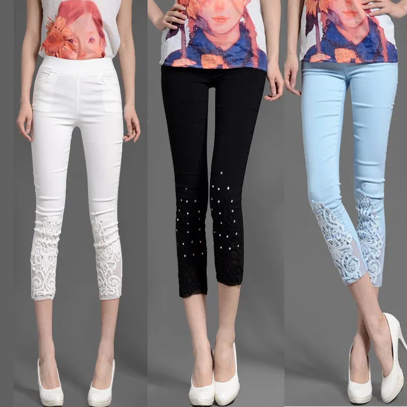 

Summer New Style WOMEN'S Dress Lace Diamond Set Hollow out Crochet Capri Pants Thin Slim Fit Women's Skinny Leggings