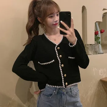 

2020 Autumn Spring Women Cardigan Long Sleeve Ladies Temperament Short Knitted Top Thin Coat Buttom Cardigan Female Girl Casual