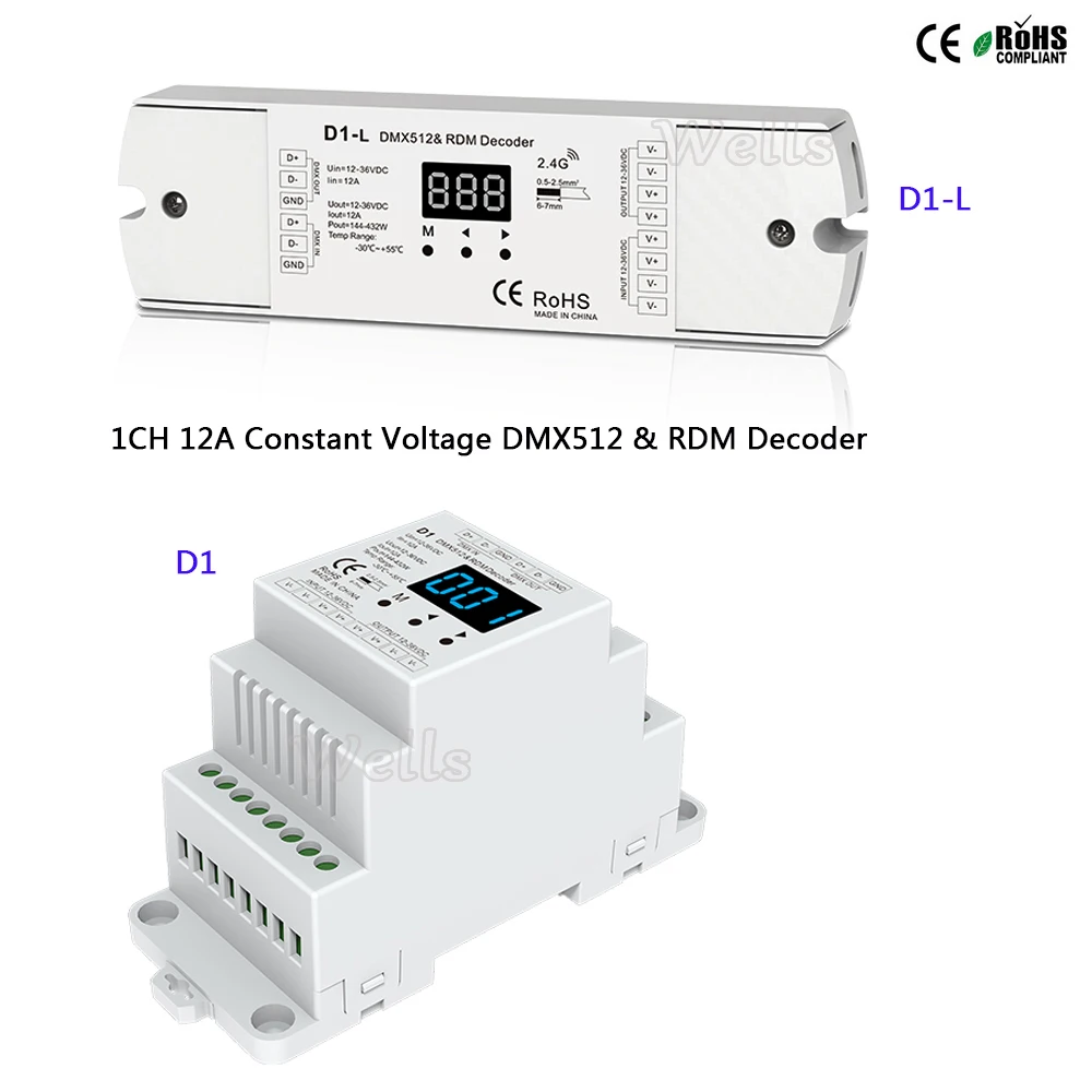 

D1/D1-L Constant Voltage DMX512&RDM Decoder 12-36VDC 1CH 12A led DMX512 Decoder controller for single color led strip
