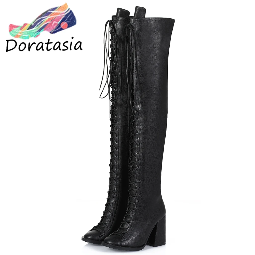 

DORATASIA INS Brand Girls Cool Black Thigh High Boots Women Cross Tied Over The Knee Motorcycle Boots High Heels Shoes Woman