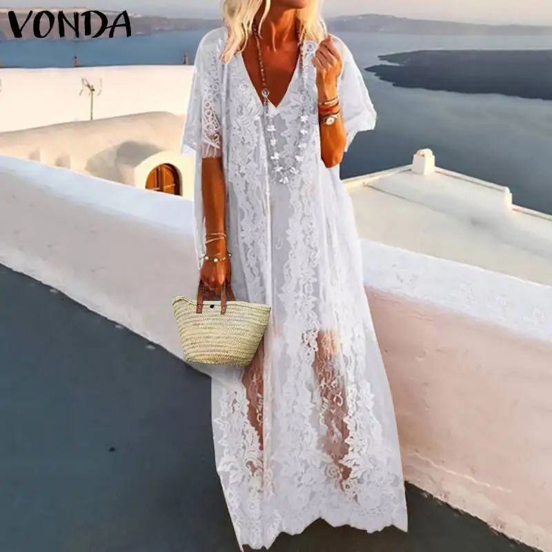 VONDA женское Макси длинное платье пляжное сексуальное с v-образным вырезом прозрачное открытое кружевное платье Летние повседневные свободные платья для беременных