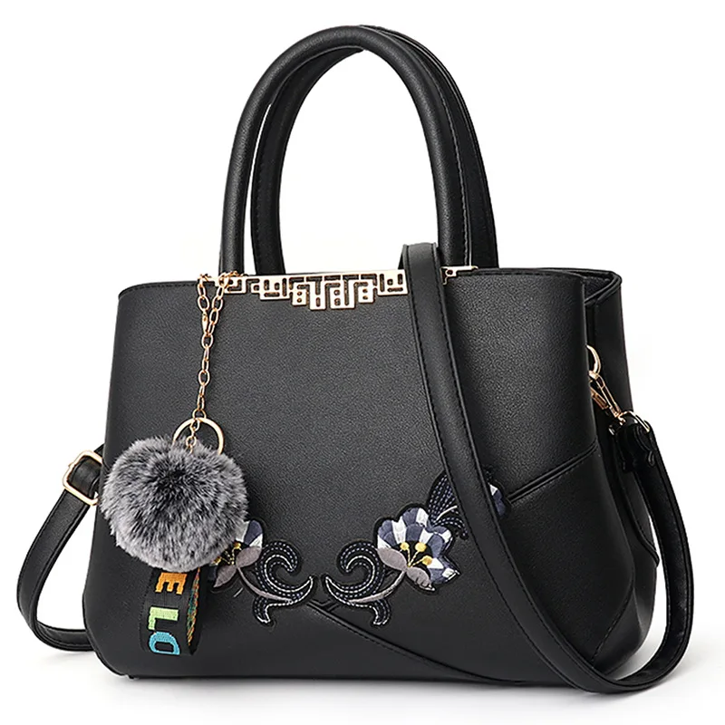 Роскошные Сумки женские Сумки Дизайнерская вышивка цветок сумка для женщин Sac основной дамы ручные сумки - Цвет: Черный