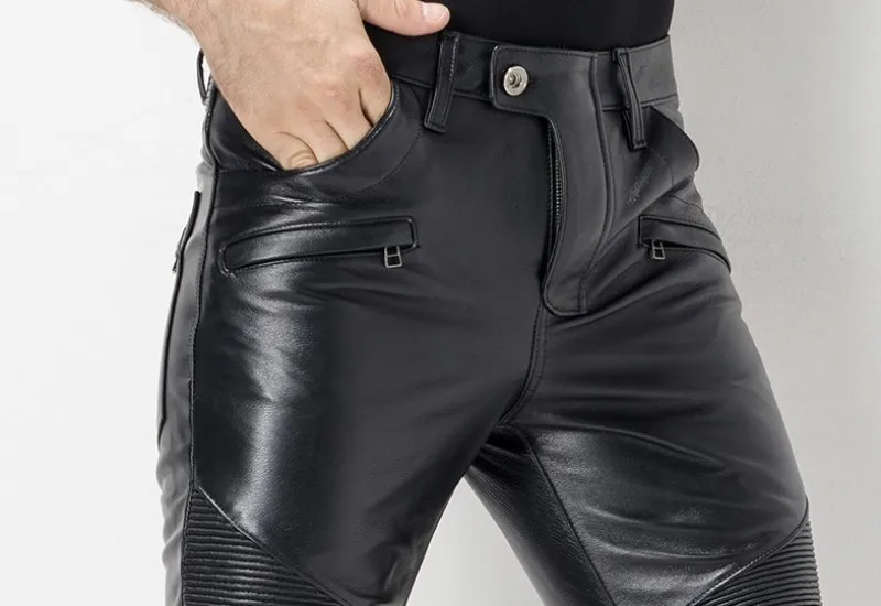 Flash Deal European Autumn Winter Slim Mens Full Length Cowhide Pants Windproof Thick Moto Biker Pleated Genuine Leather Male Pencil Pants 9