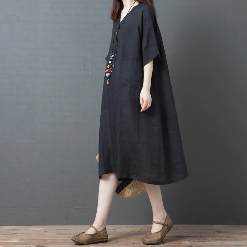 

Women's Spring And Summer New Style 2019 Korean-style Loose And Plus-sized WOMEN'S Dress Fashion Comfortable Ramie Mid-length Sh