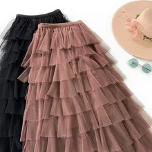 Женские Асимметричные тюлевые юбки Эластичная Высокая талия сетчатая юбка-пачка со складками Длинная Юбка-миди Saias Faldas Jupe Femmle