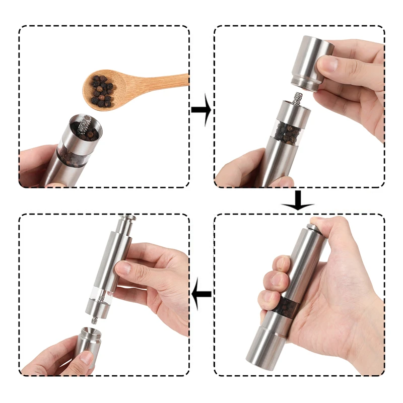 Manual Salt and Pepper Grinder Set Thumb Push Pepper Mill Stainless Steel Spice Sauce Grinders With Metal Holder Kitchen Tool
