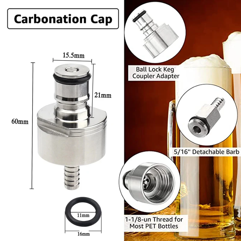 Tappo di carbonatazione forzata in acciaio inox per riempimento di bottiglie in PET con tappo di accoppiamento CO2 per birra gassata, 2 pezzi