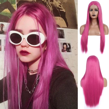 

AIMEYA Pink Long Silky Straight Synthetic Lace Front Wig for Women Heat Resistant Hair Pink Lace Wigs Middle Part Cosplay Wig
