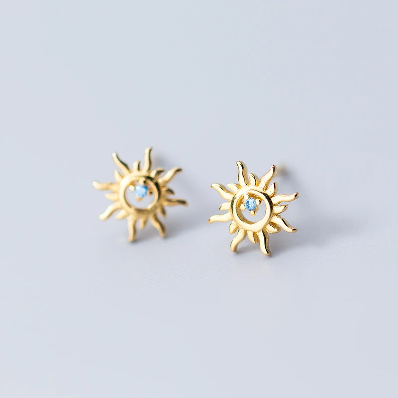 Gold ElfoPlataSi,, настоящее Стерлинговое Серебро 925 пробы, крошечные, 8 мм X 8 мм, полые, солнечные, с фианитами, серьги-гвоздики, подарок для девочек, друзей, детей, леди, XY852 - Окраска металла: Gold