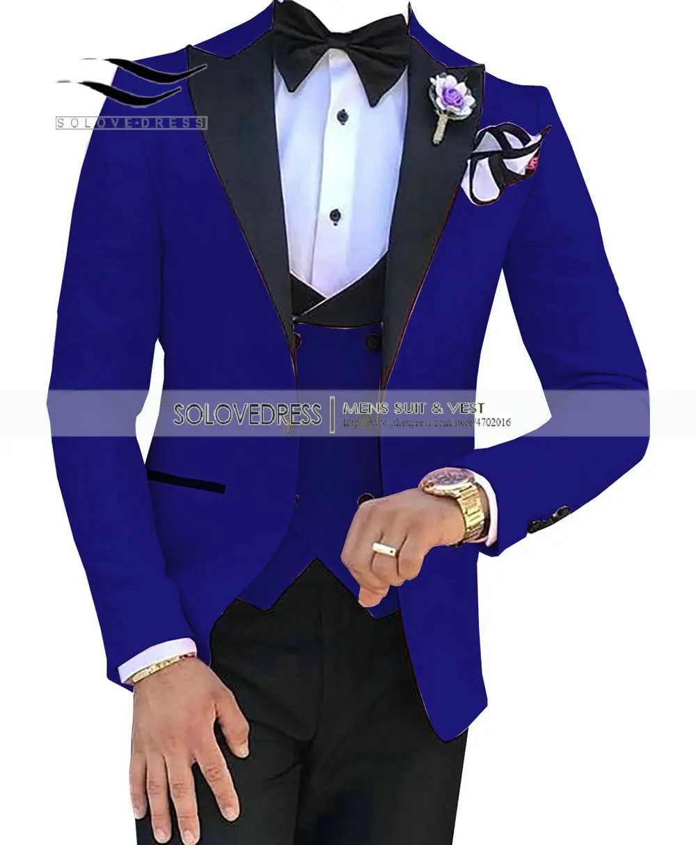 Royal Blue Новинка, модный мужской костюм, 3 предмета, v-образный вырез, для отдыха, с отворотом, двубортный смокинг, мужские свадебные костюмы(пиджак+ брюки+ жилет - Цвет: Royal Blue