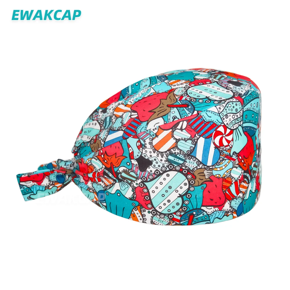 Unisex Scrub Cap with Buttons Adjustable Anime Printing Bouffant Nursing Hat Head Scarf Pet Shop Lab Women Work Surgicals Hats white skully hat Skullies & Beanies