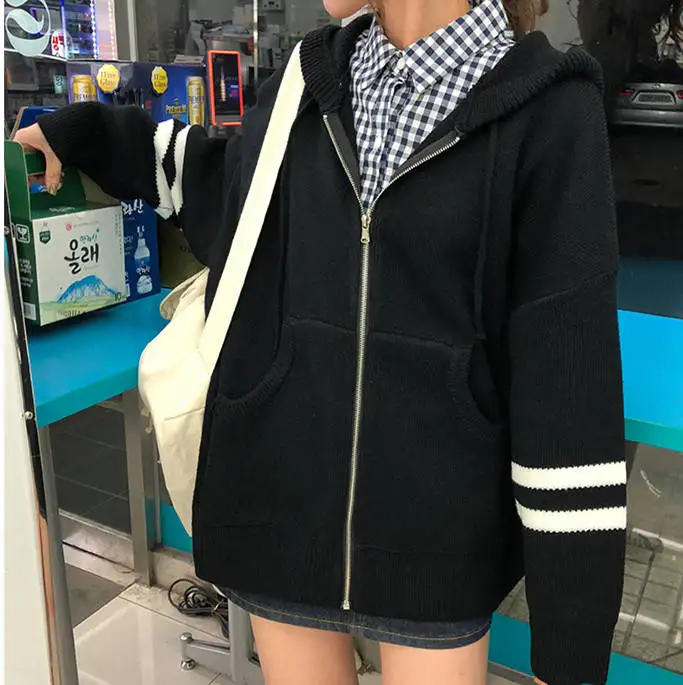 black cardigan Neploe корейский милый негабаритный свитер студенческое пальто с капюшоном женские трикотажные кардиганы Свободный Повседневный колледж Harajuku на молнии трикотаж - Цвет: black cardigan