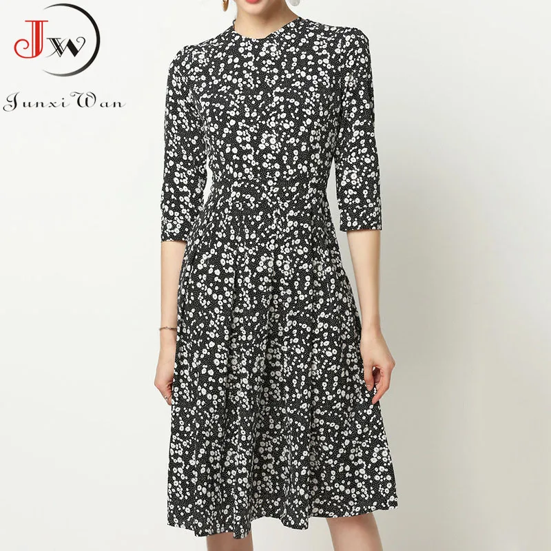 Women Floral Print Spring Summer Elegant Vintage A line Midi Dresses O-Neck 3/4 Sleeve Chic Party Dress Plus Size Robe Femme
