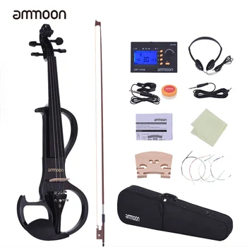 Ammoon-violín eléctrico de tamaño completo, 4/4, madera maciza, estilo silencioso-3 clavijas de diapasón de ébano, pieza trasera para descanso de barbilla