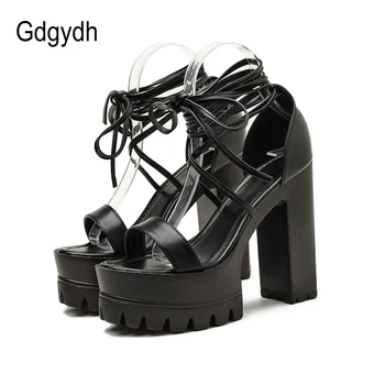 

Gdgydh Thick Platform Sandals For Women Summer Open Toe Fashion Ankle-Strap Lace-up Female Sandals Cover-Heel Punk Style Sandals