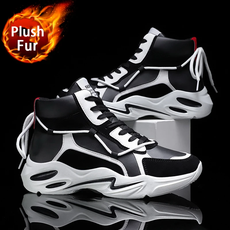Зимние ботинки; Мужская трендовая повседневная обувь с высоким берцем; мужские уличные кроссовки; классические пушистые спортивные баскетбольные кроссовки - Цвет: Black (Plush)