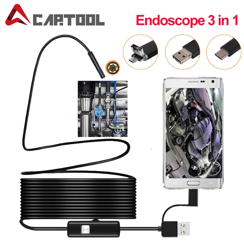 Cámara endoscópica de 1M 3 en 1, 2M, 5M, 5,5mm, 7mm, IP67, impermeable, 6 LED, boroscopio, cámara de inspección para automóviles para Android/tipo-c Loptop