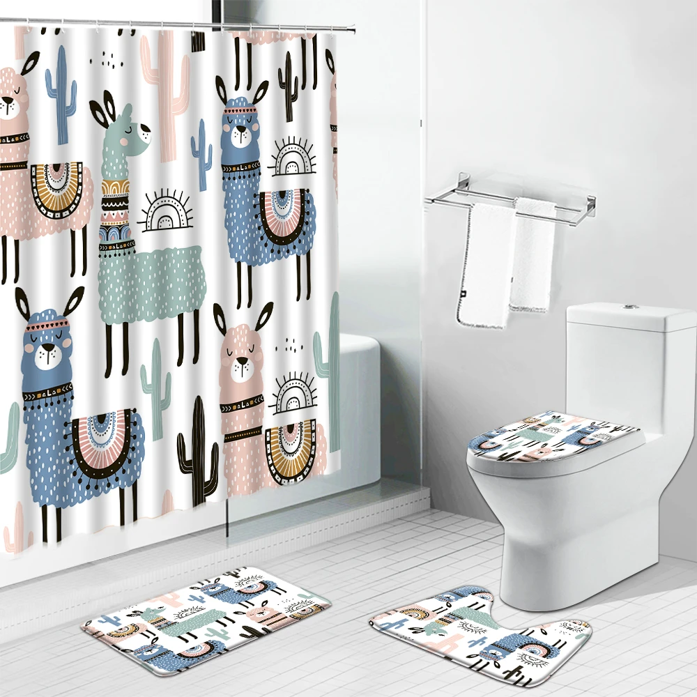 

Cartoon Alpaca Animal Shower Curtains Dinosaur Highland Cow Tiger Elephant Bathroom Decor Non-slip Bath Mat Toilet Cover Carpet