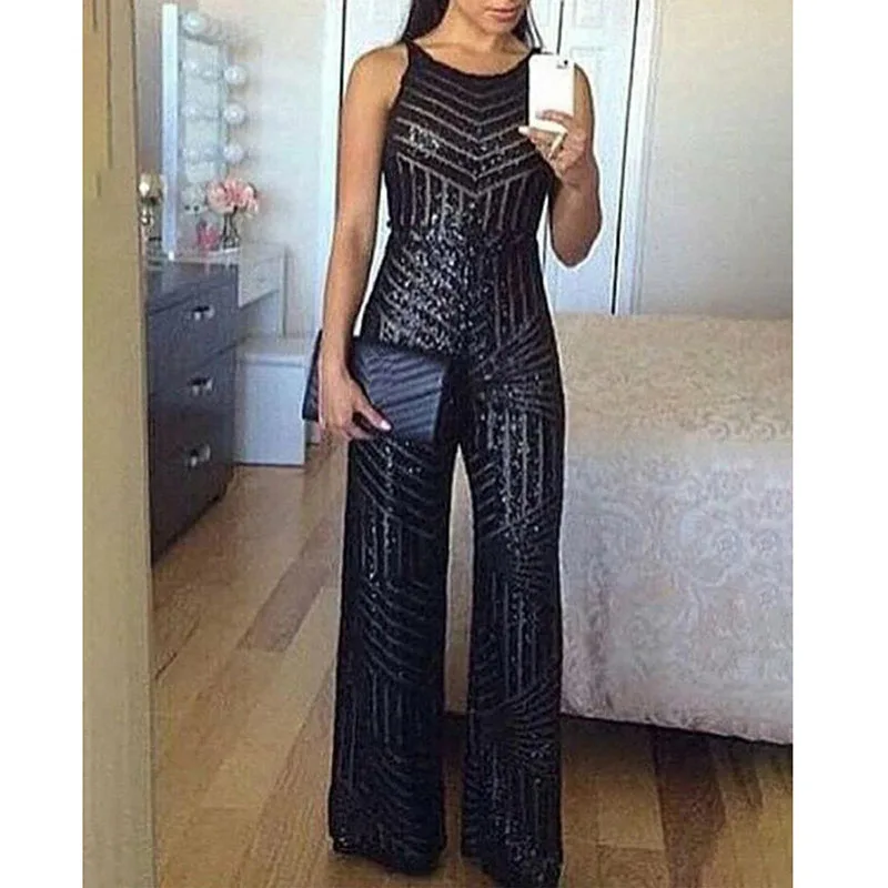 Sleeveless Wide Leg Jumpsuit for Women Elegant Glitter Round Neck Sleeveless Sequins Jumpsuit Sexy Night Club Party Overalls