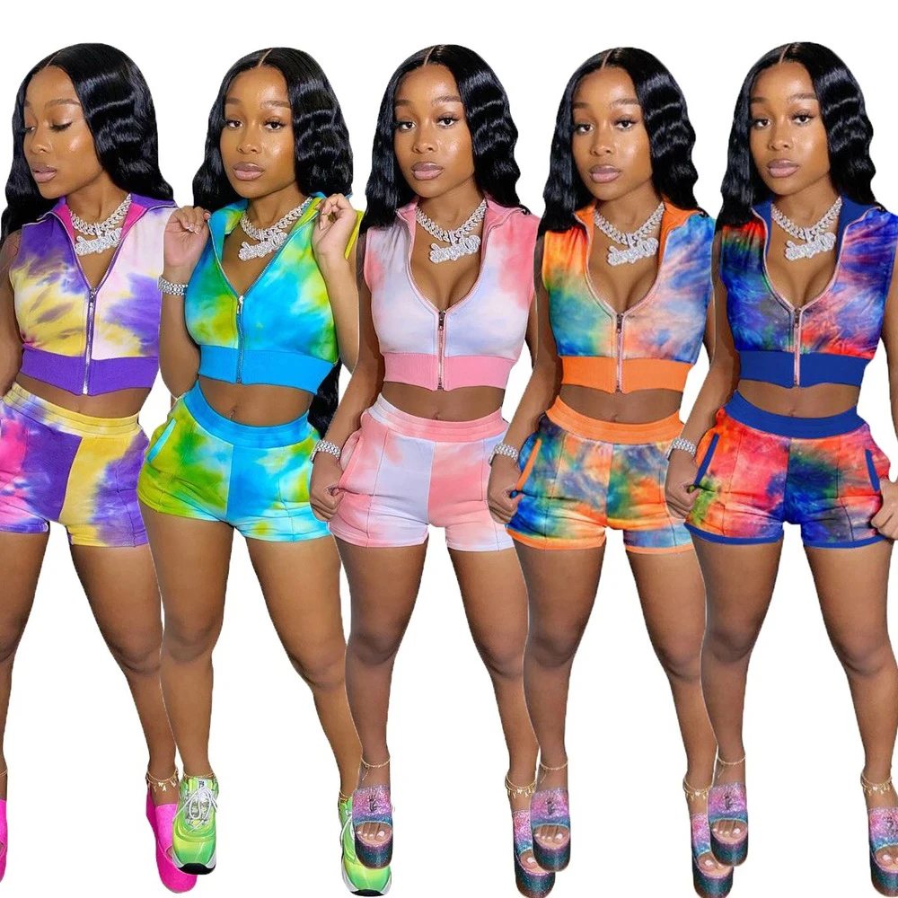

Sleeveless Lapel Tie Dye Set Tracksuit Biker Shorts Set Printed Cardigan Two Piece Set Women Pink Sexy Nightclub Woman Outfits