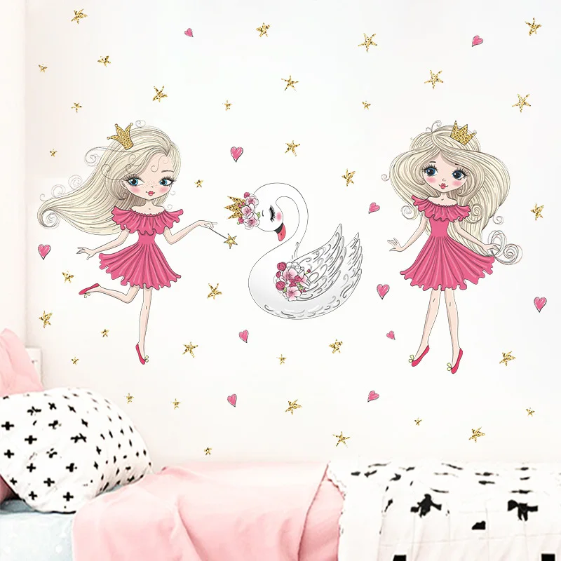 Fashion Cartoon Dancing Girls Stars Swan Wall Stickers for Baby Kid's Bedroom Decoration Removable PVC Murals Art Decals | Дом и сад