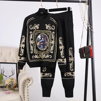 

Luxury Brand Designer Runway 2 Piece Set For Women Causel Oil Painting Embroidery Knitted Top And Knitted Haroun Pants Set