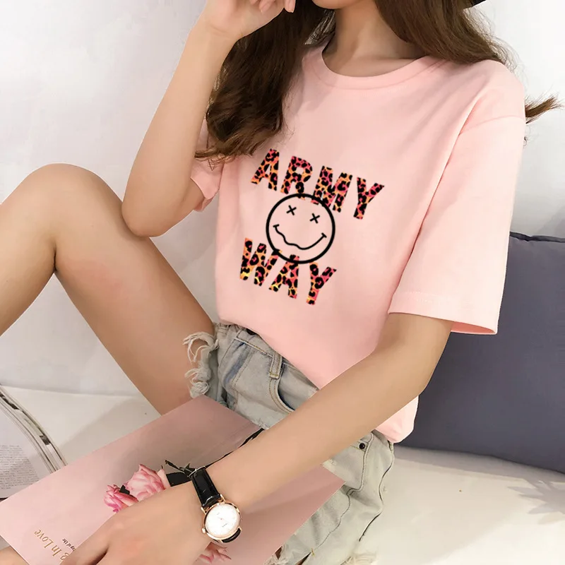  2019 Summer New Style Korean-style Hipster Leopord Pattern Smiley Printed Loose-Fit Slimming Studen