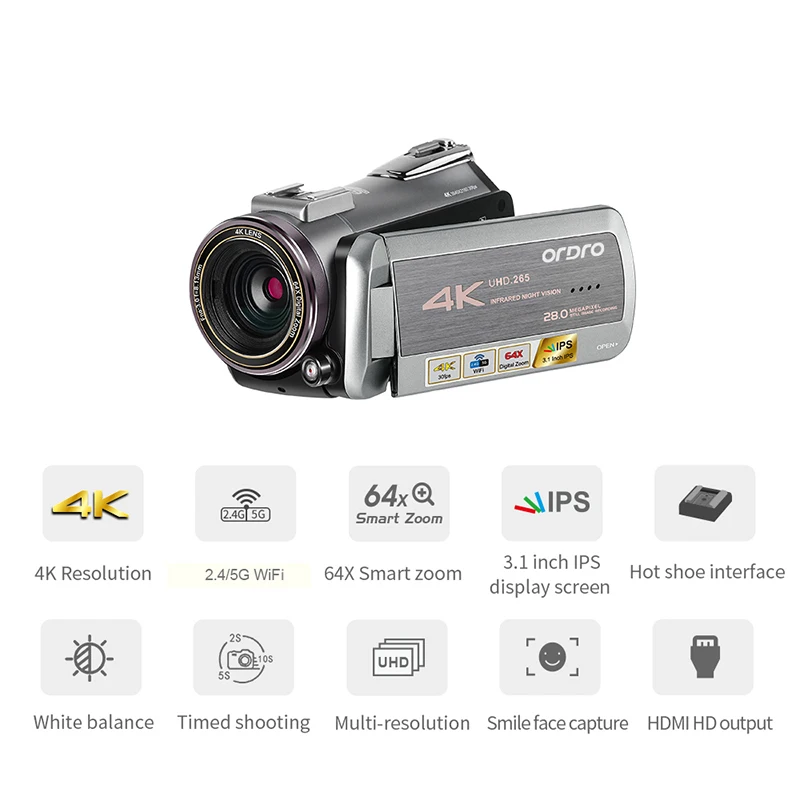  Digital Professional Video Camera Real 4K Wifi 64X Digital Zoom 30FPS Night Vision Camcorder ORDRO 