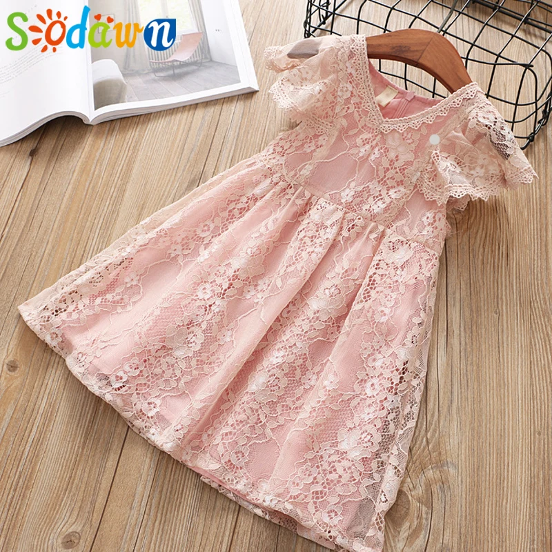 Sodawn/ летнее платье для девочек; новое платье принцессы для девочек; кружевные платья с рукавами-крылышками; платье для маленьких девочек; одежда для малышей - Цвет: Beige