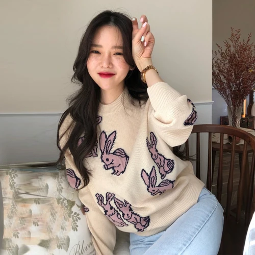 

Korean Style Women Knitted Sweater 2019 Autumn Winter Cute Animal Rabbit Pattern Sweater Pullover Knitwear Beige Blue T346