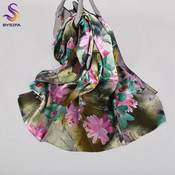 

[BYSIFA] Green Pink Fall Satin Scarves Printed Ladies Elegant Long Scarf Shawl Winter Lotus Pattern Muslim Headscarves Hijibs
