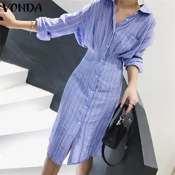 

Women Vintage Striped Printed Dress Sexy Lapel Neck Long Sleeve Shirt Dress VONDA 2020 Office Sundress Plus Size Party Vestido