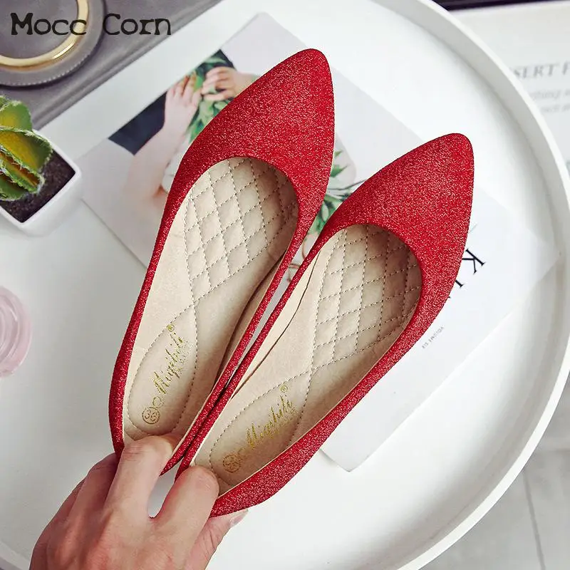 

34~43 Plus Size Women Sequin Flats Single Shoes Breathable Loafers Ladies Slip On Shallow Comfort Shoes Pointed Toe Ballet Flats
