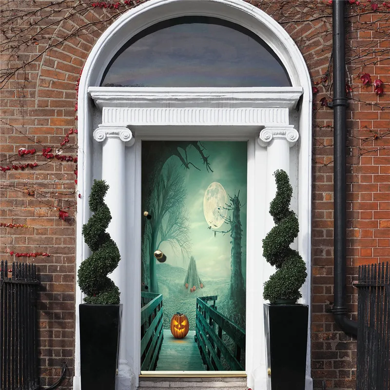 Festival Home Decor Sticker for Door Halloween Bridgehead Pumpkin Lantern House Door Wallpaper Removable Gloomy Scene Party Mura