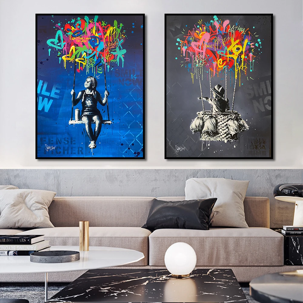 

Street Graffiti Art Girl on Swing Posters and Prints Canvas Wall Pop Art Abstract Portrait Painting for Living Room Home Decor