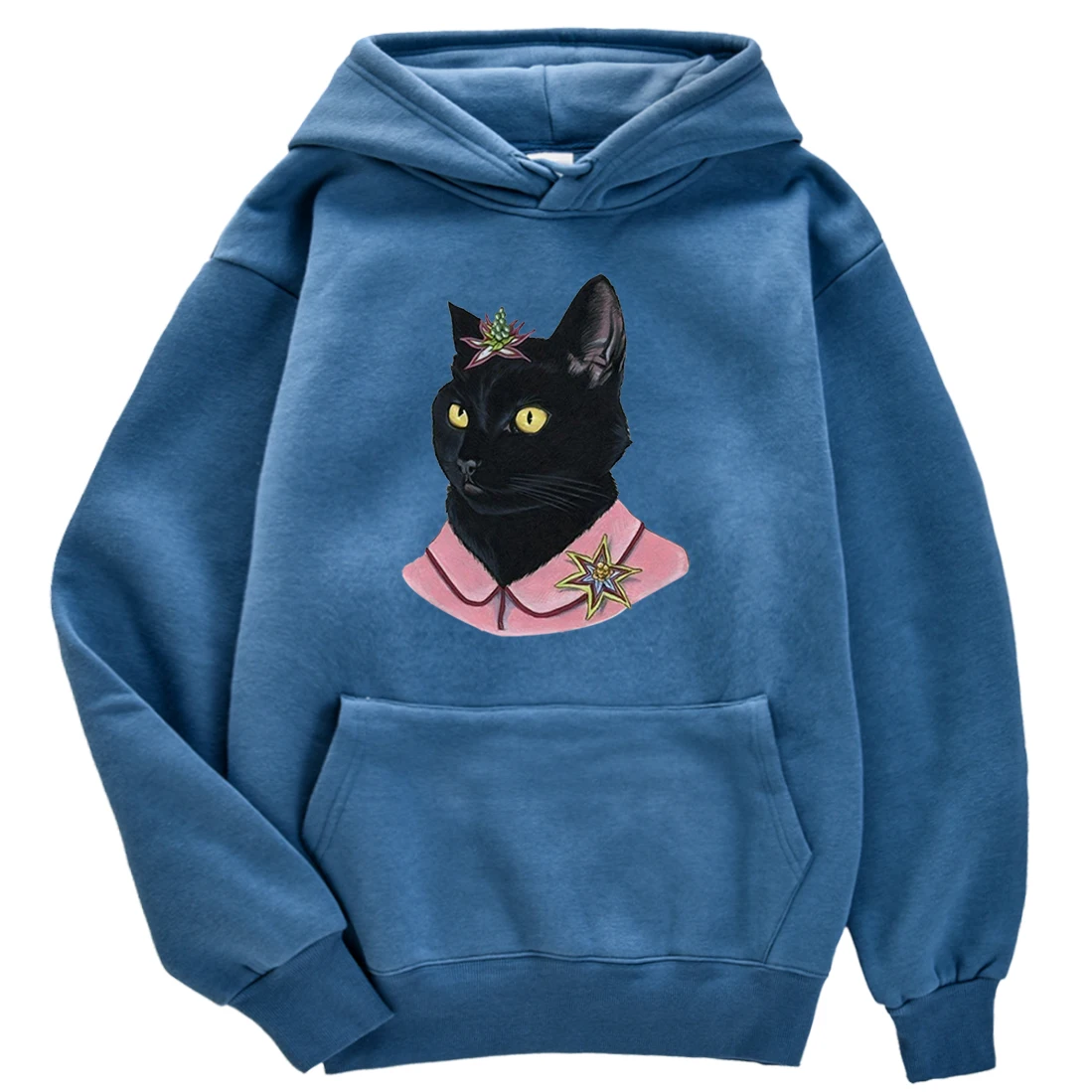 

Hoodie Black Cat In Pink Printing New Sweatshirt Woman With Hood Aesthetics Korean Couple Clothes Warm Fashion Women'S Hoodies
