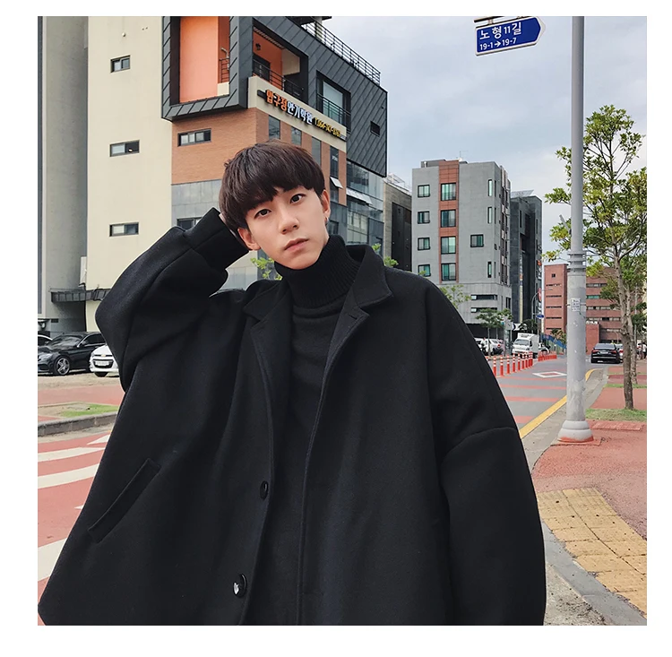 Зимняя свободная дикая Корейская версия трендового пальто ветровка мужское длинное шерстяное пальто серый/черный/хаки S-3XL
