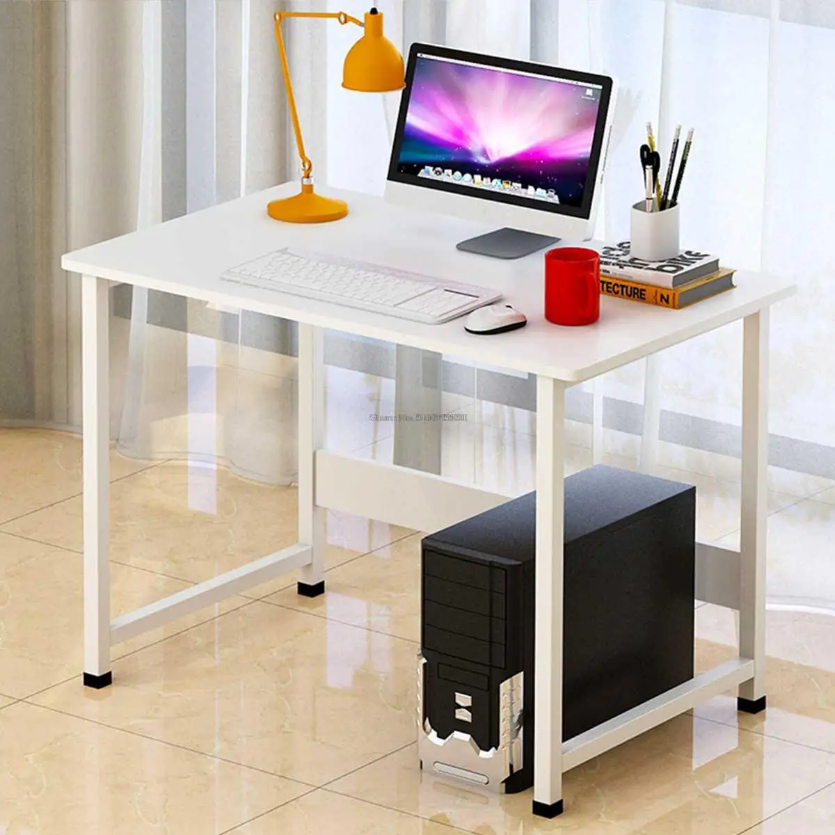 Computer Laptop Desk Modern Style Computer Table with Bookshelf Wooden Standing Desks Round Edge for Home Office Living Room living room tea table emulational food taco round blanket