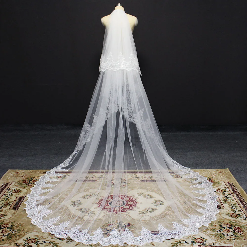 

Sparkling Sequins Lace Long Wedding Veil 2 Layers White Ivory 3 Meters Bridal Veil with Comb 2 T Veil Wedding Accessories 2020