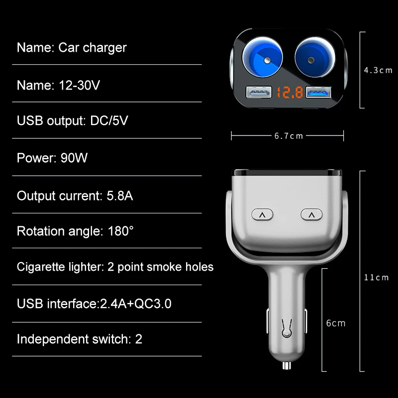 QC3.0+ 2.4A двойной USB разветвитель автомобильного прикуривателя адаптер 90 Вт СВЕТОДИОДНЫЙ монитор напряжения Авто Автомобильный USB переходник