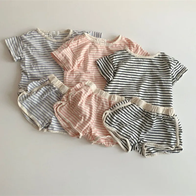 Infants Summer Clothing Sets 2020 Striped T-shirts Shorts 2pcs Korean Style Toddlers Kids Loose Outfits Cute Suits | Детская одежда и