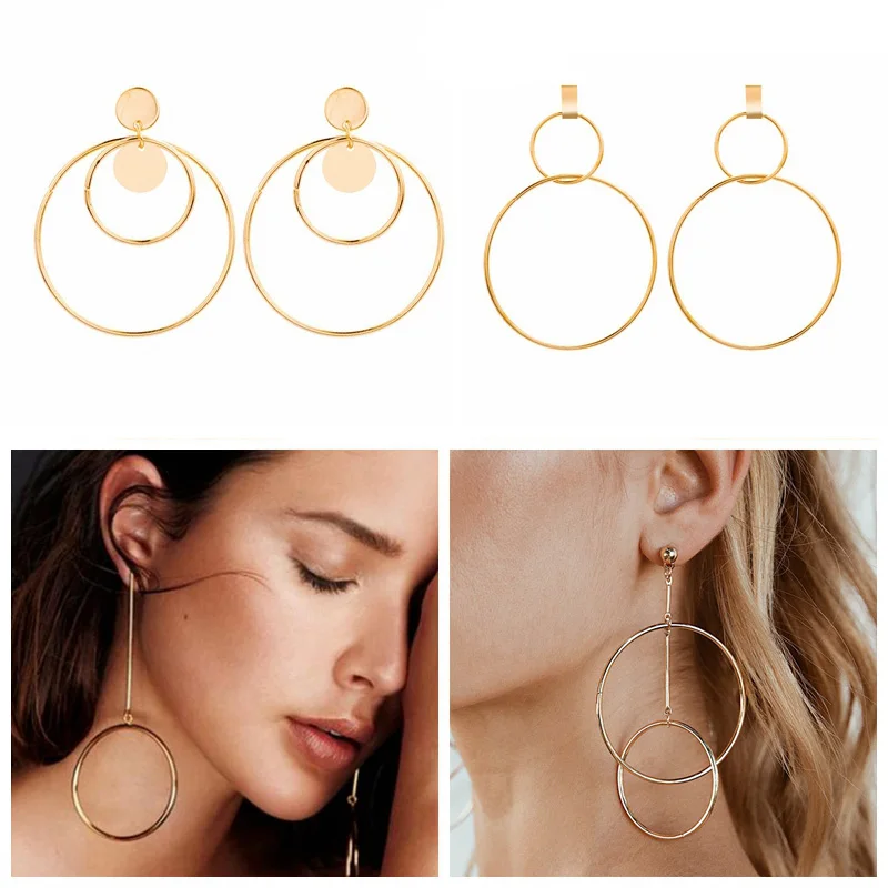

Simple line Big Round Earrings Silver Gold Geometric Earrings for Women Large Circle Pendant Long Earring Trendy Brincos Jewelry