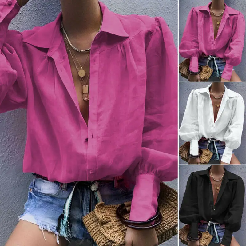 

2019 New Women Casual Long Sleeve Loose Blouses Tos Ladies Summer Casual Solid Buttons Blouse Tops Size S-XXL