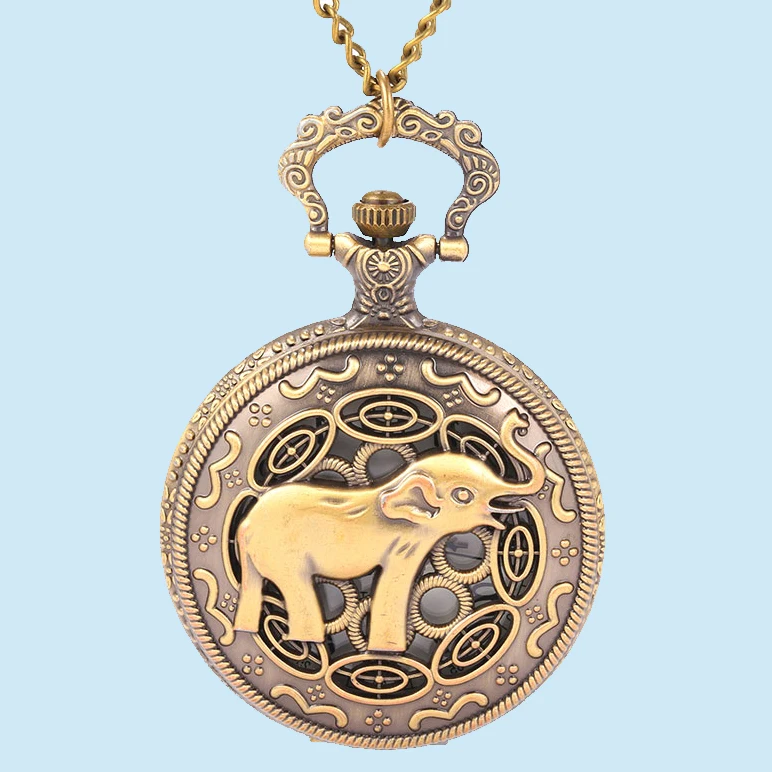 

Quartz pocket watch Elephant bronze pattern carved hollow personality exquisite gift white face Roman pocket watch