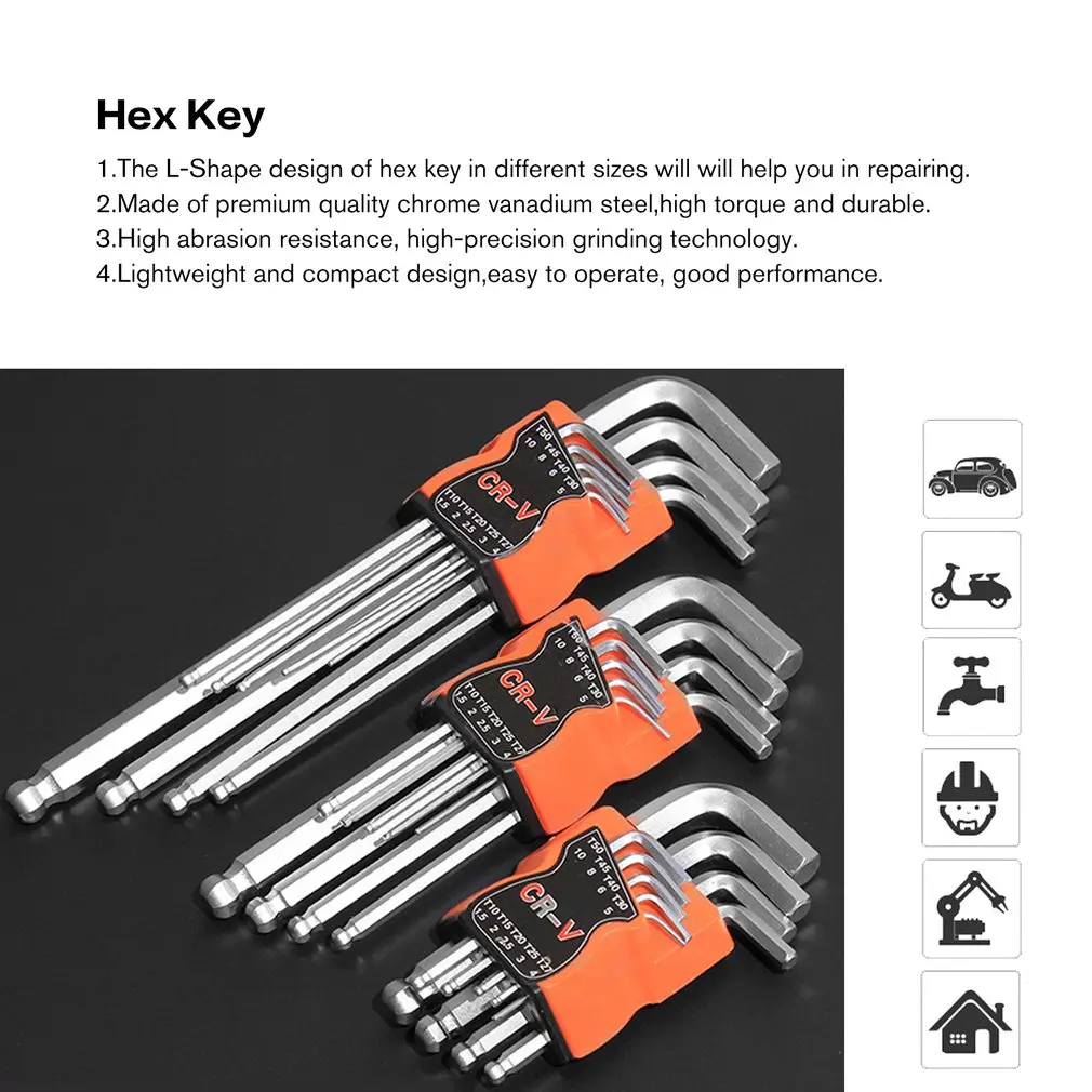 9 Pcs Ball Head Hex Key Wrench Sets Torx L Shape Repair Tool Screwdriver Tool Set CR-V Steel Torque Spanner