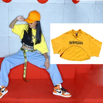 

Girls Jazz Street Dance Wear Yellow Short Sleeve Loose Tops Hip Hop Dancing Clothes Fashion Hiphop Performance Clothes DQS4138