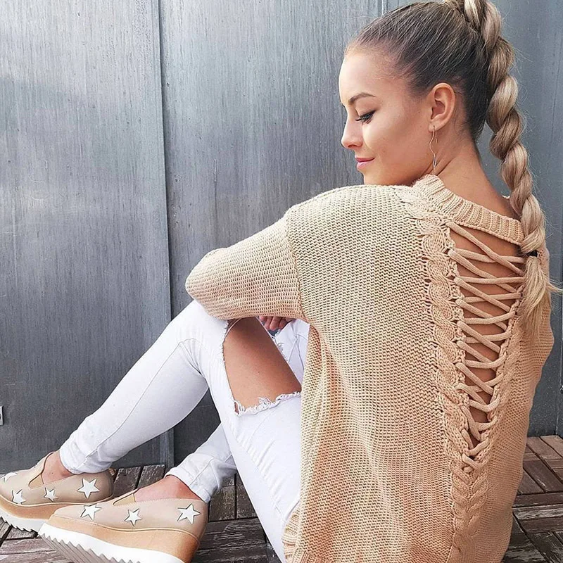 Bella Philosophy women autumn winter new back lace up hollow out causal sweater pull over gray yellow khaki | Женская одежда